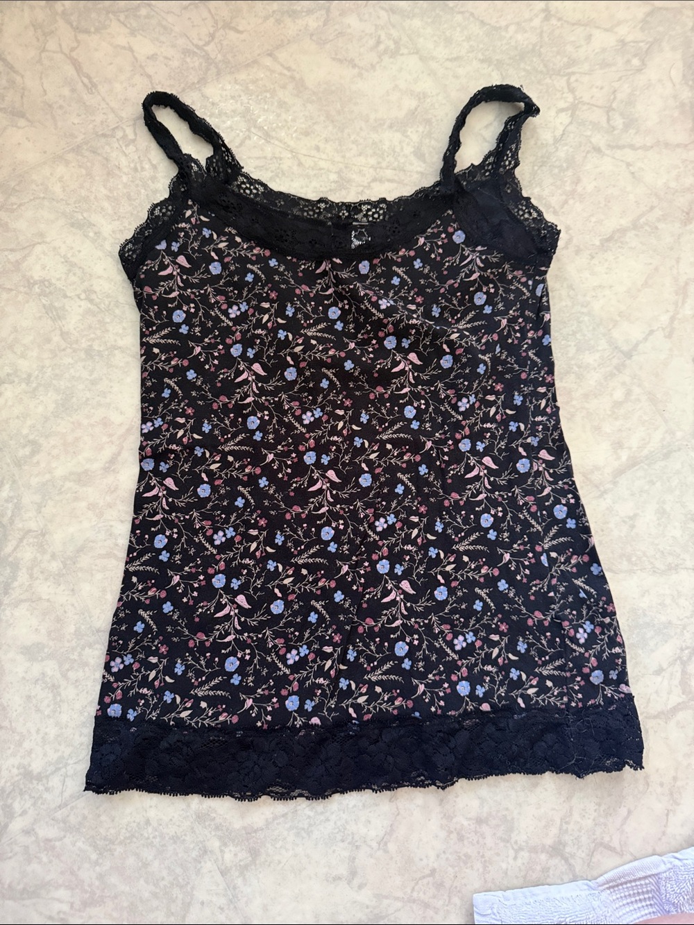 Floral Lace-Trim Camisole Tank Top - Black with Pink & Blue Floral